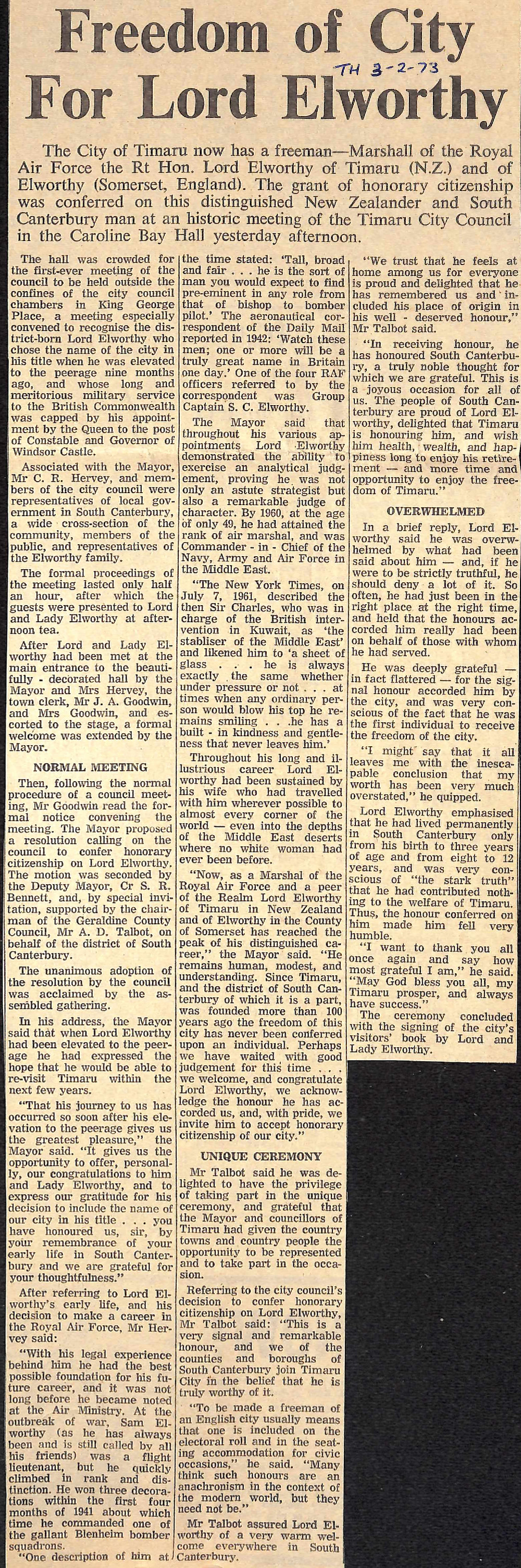 Freedom of City For Lord Elworthy