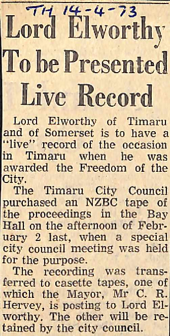 Lord Elworthy to be Presented Live Record