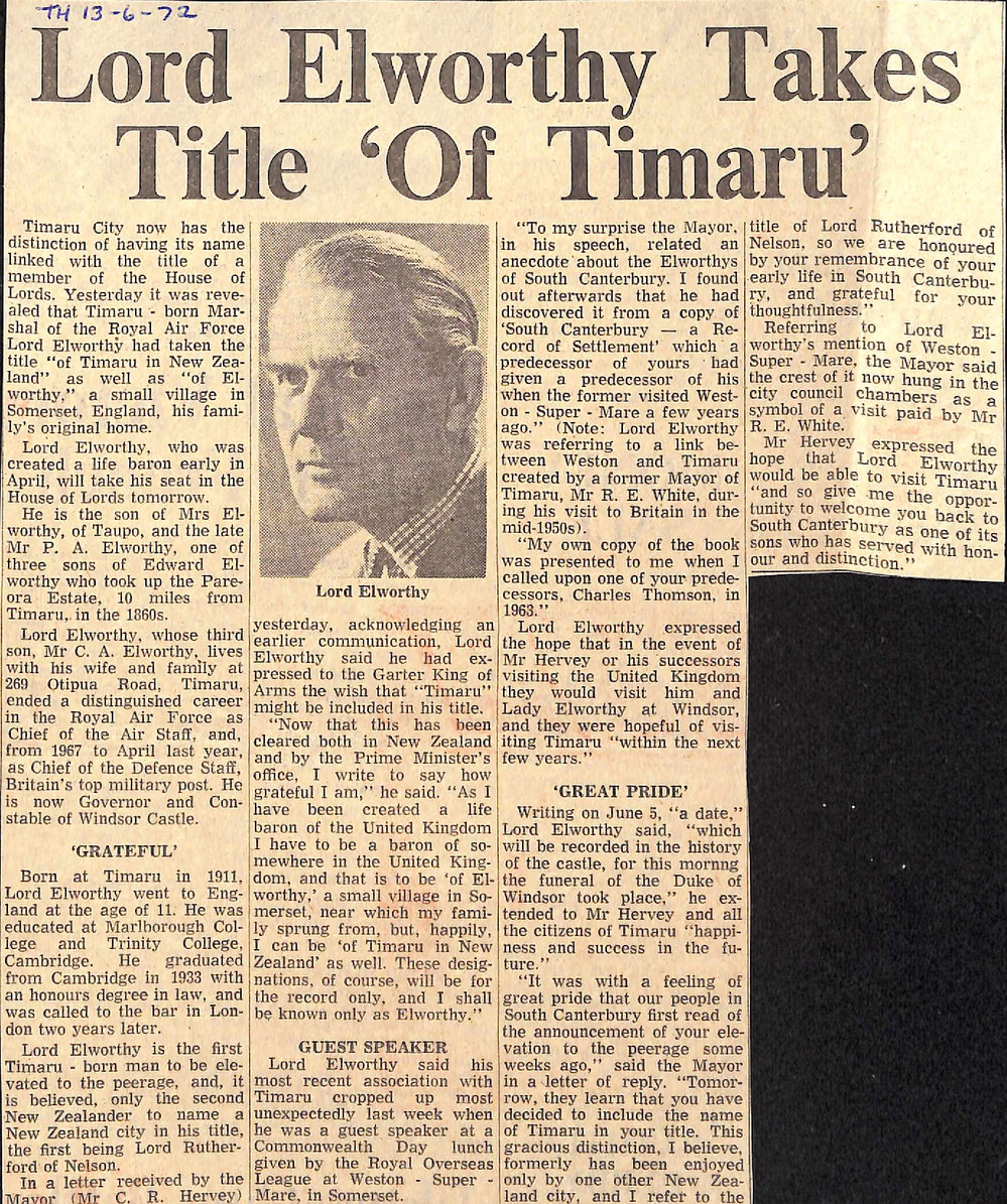 Lord Elworthy Takes Title 'Of Timaru'