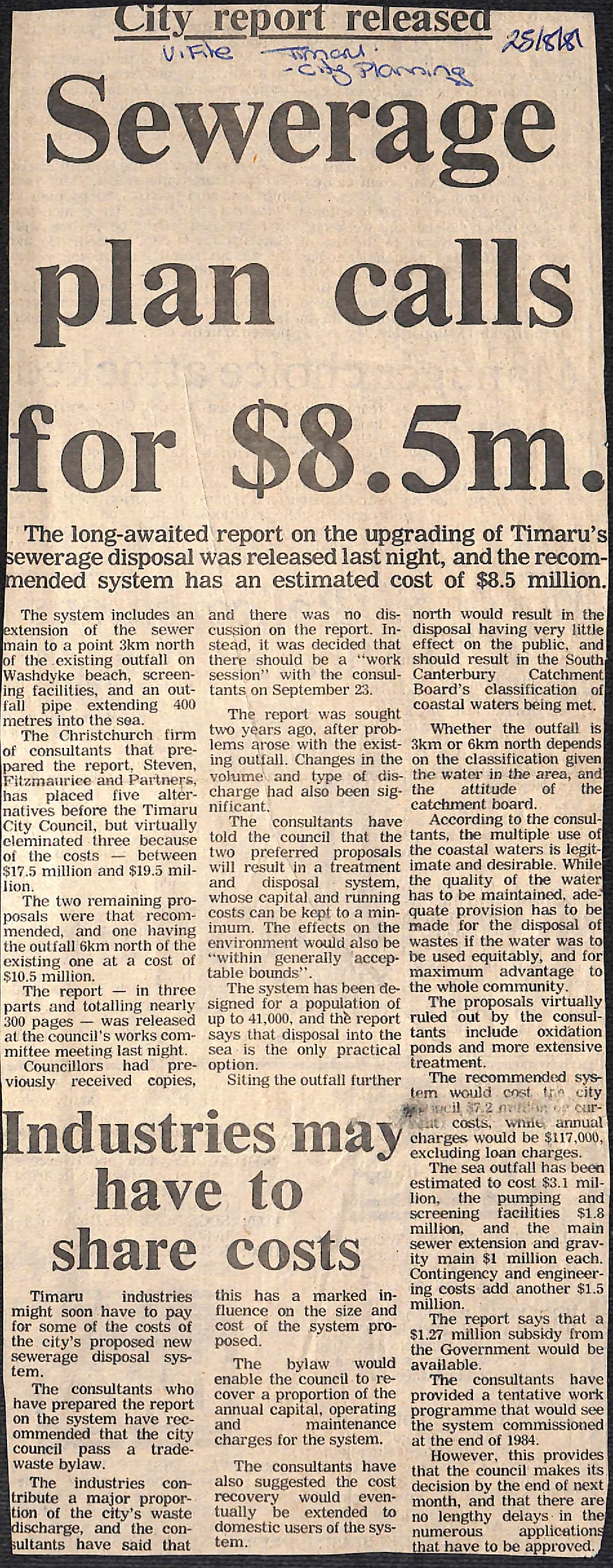 City report released: Sewerage plan calls for $8.5m / Industries may have to share costs