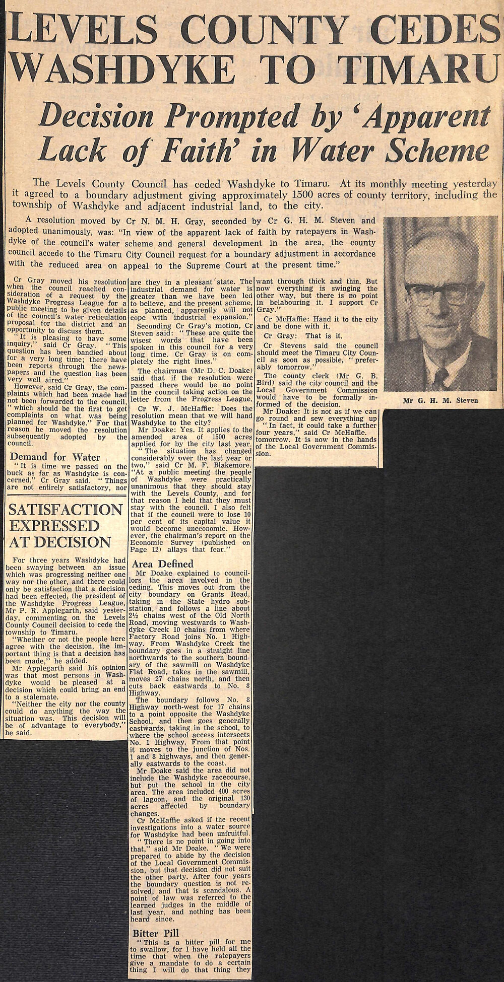 Levels County Cedes Washdyke To Timaru: Decision Prompted by 'Apparent Lack of Faith' in Water Scheme