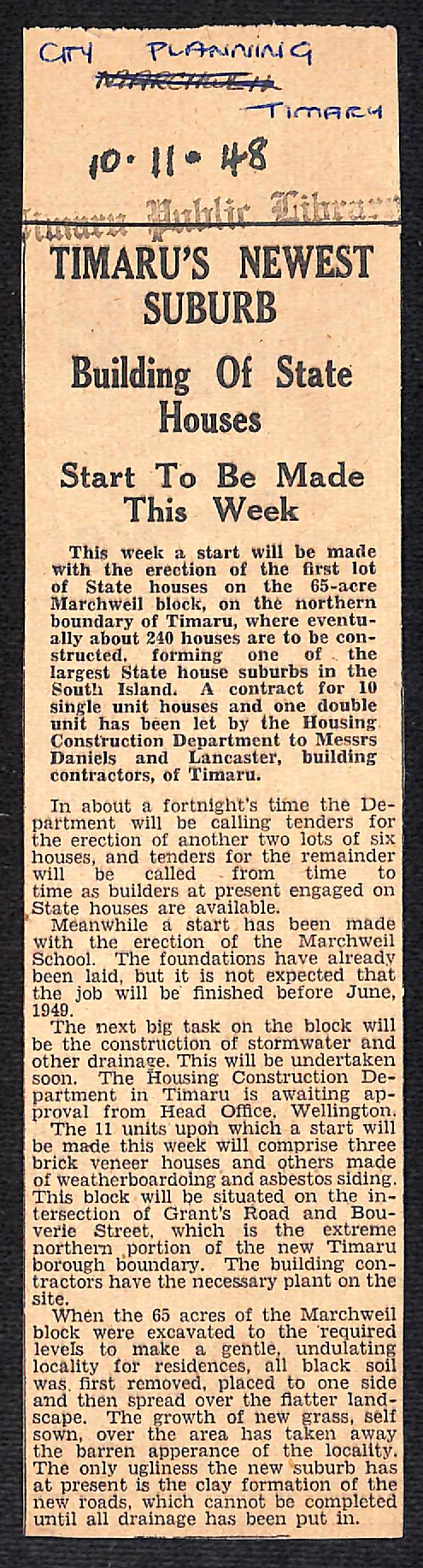 Timaru's Newest Suburb, Building Of State Houses, Start To Be Made This Week