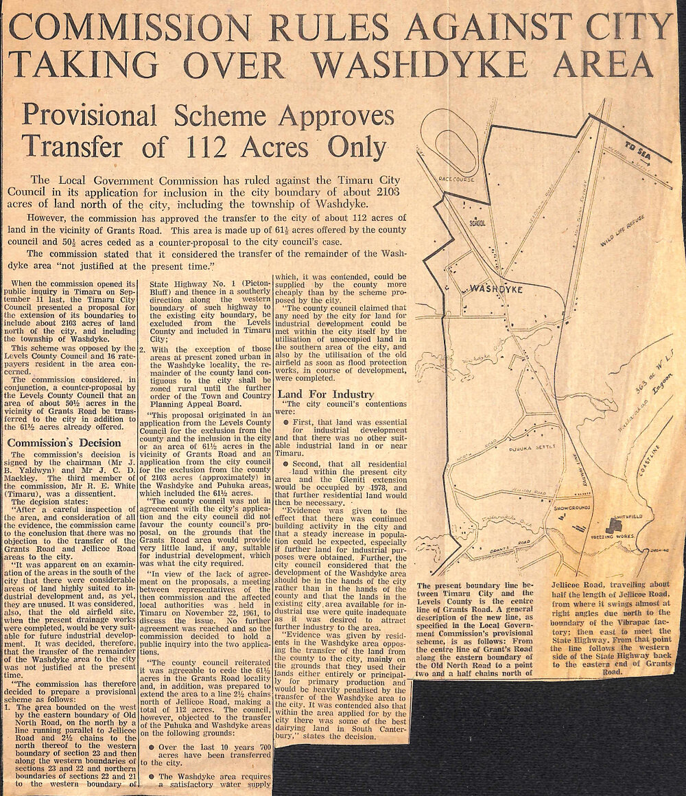 Commission Rules Against City Taking Over Washdyke Area, Provisional Scheme Approves Transfer of 112 Acres Only