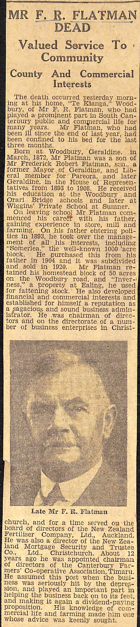 Mr F R Flatman Dead: Valued Service To Community