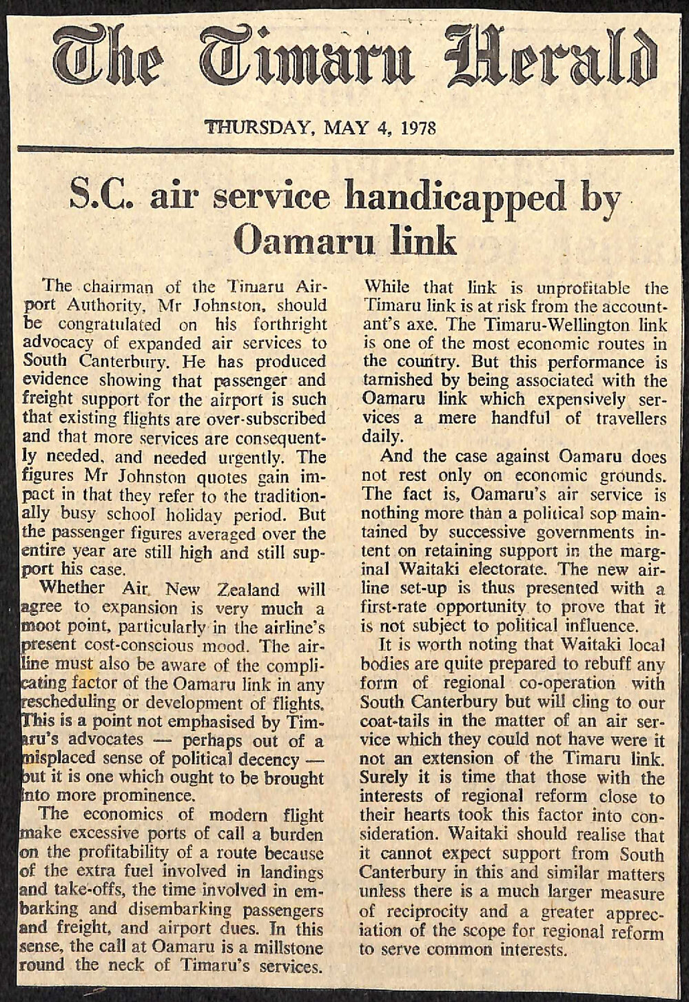 Editorial: SC air service handicapped by Oamaru link