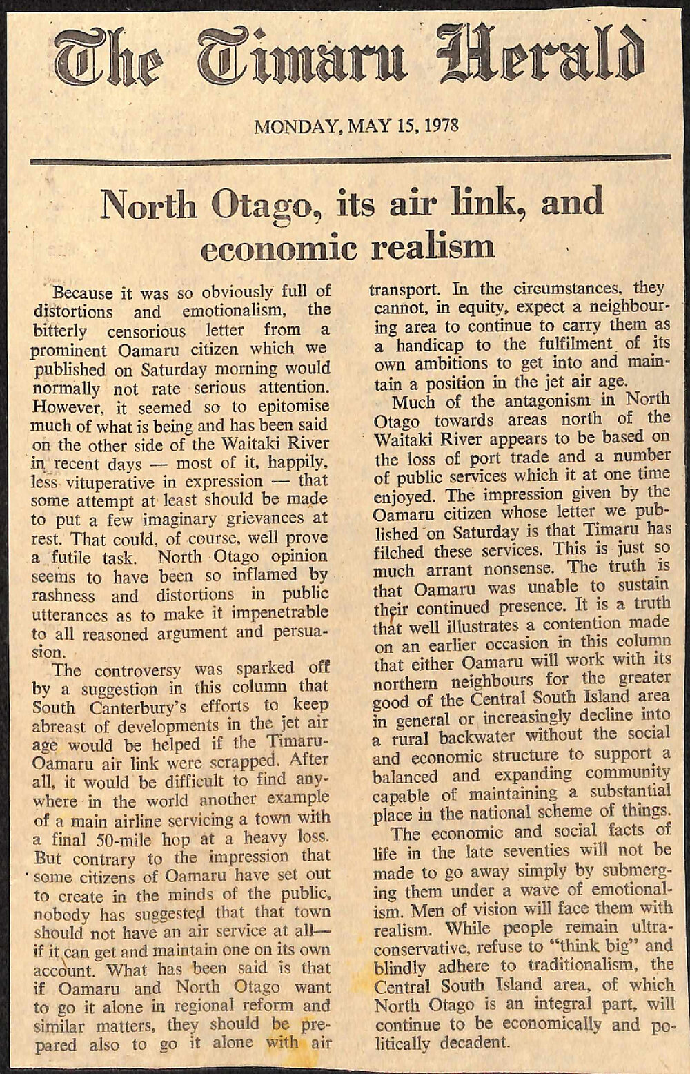 Editorial: North Otago, its air link, and economic realism