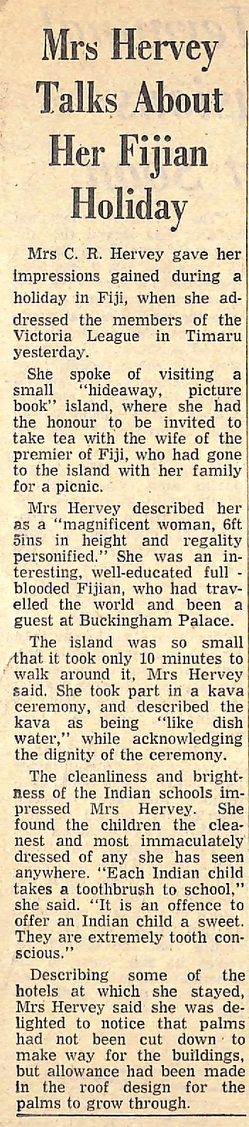 Mrs Hervey Talks About Her Fijian Holiday