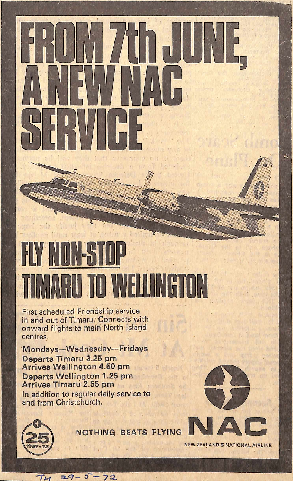 NAC service Timaru to Wellington advertisement