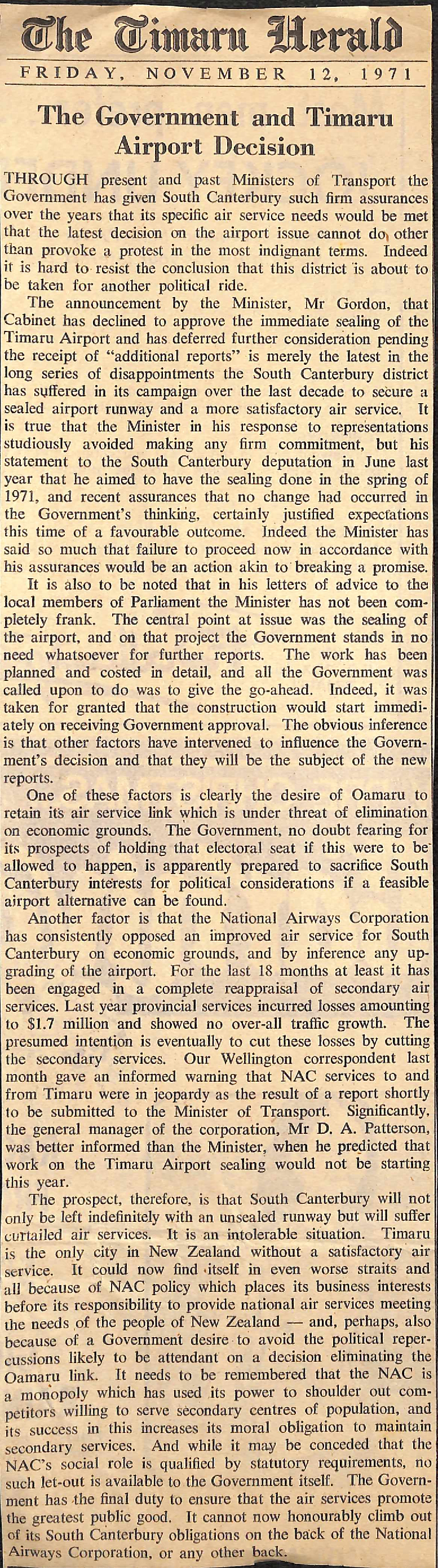 Editorial: The Government and Timaru Airport Decision