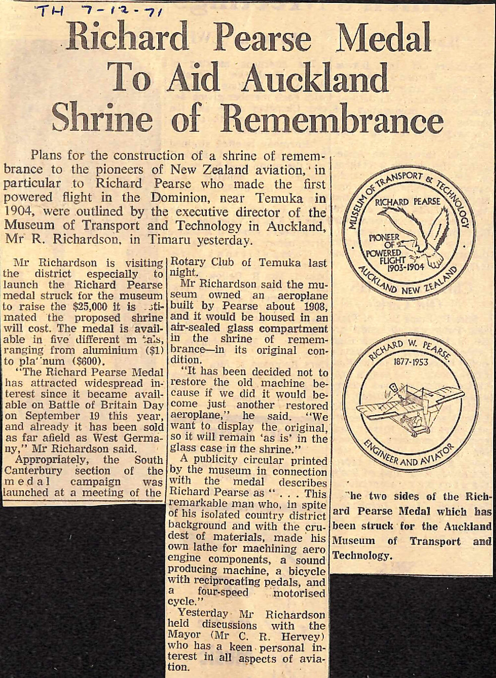 Richard Pearse Medal To Aid Auckland Shrine of Remembrance