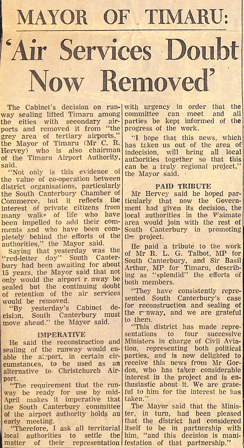 Mayor of Timaru: 'Air Services Doubt Now Removed'