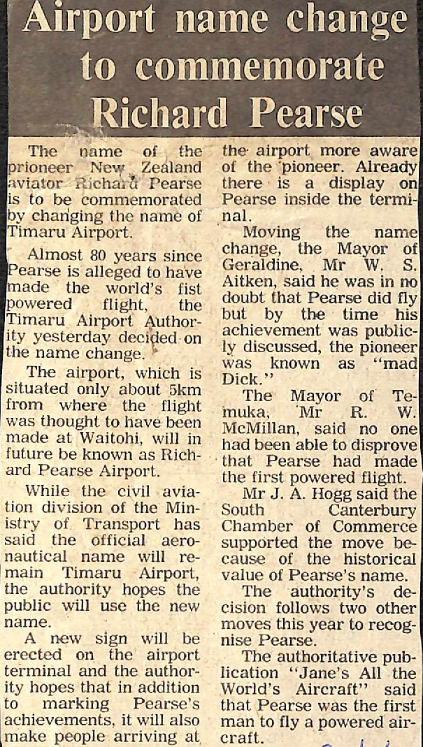 Airport name change to commemorate Richard Pearse
