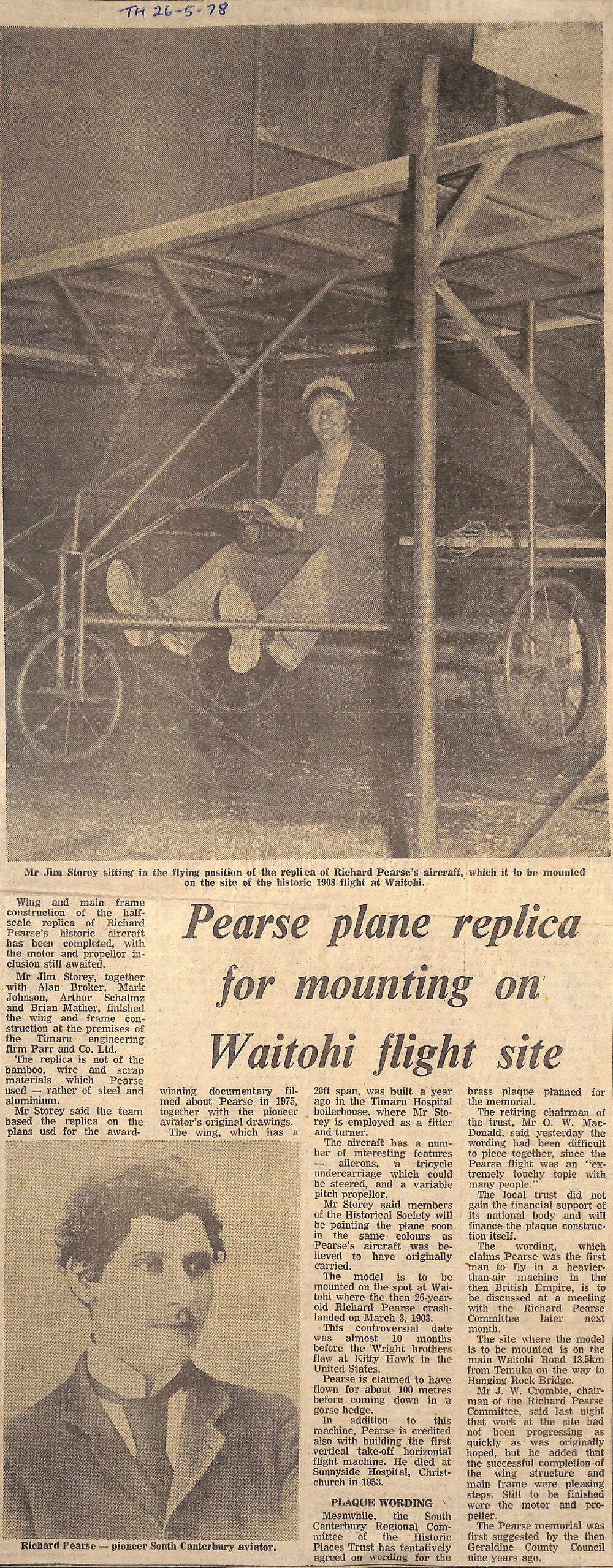 Pearse plane replica for mounting at Waitohi flight site