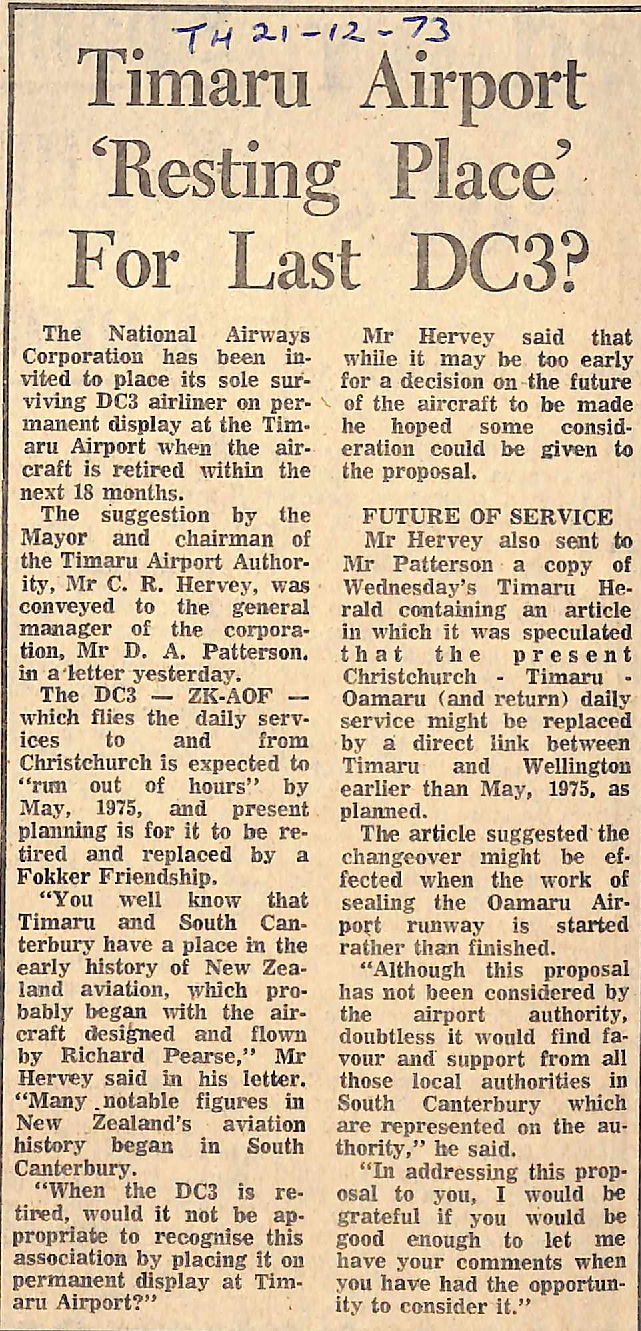 Timaru Airport 'Resting Place' For Last DC3?