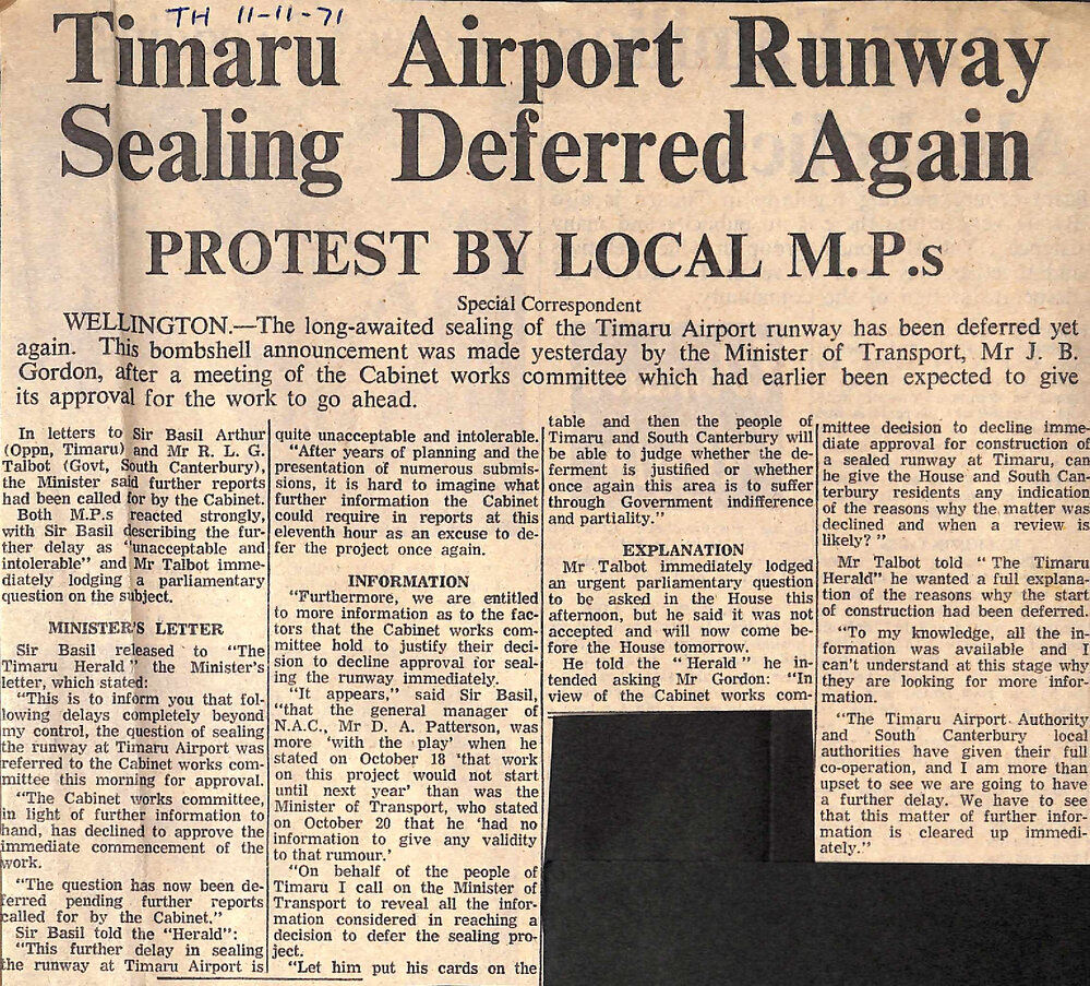 Timaru Airport Runway Sealing Deferred Again, Protest By Local MPs