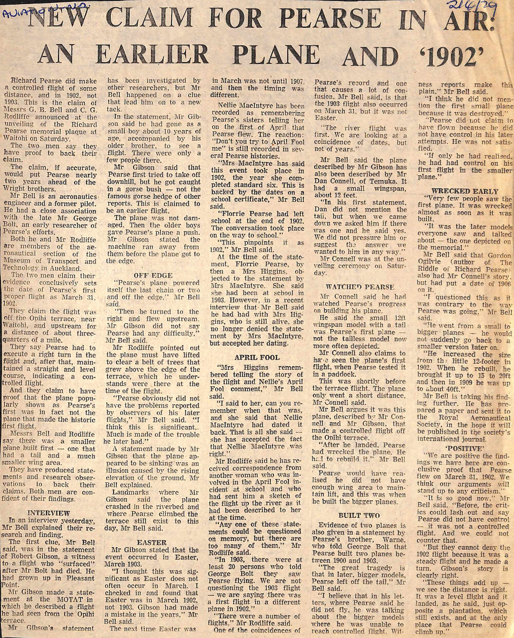 New Claim For Pearse In Air: An Earlier Plane and '1902'