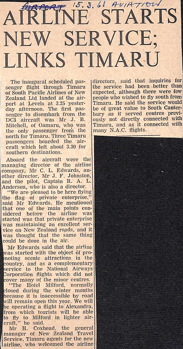 Airline Starts New Service; Links Timaru