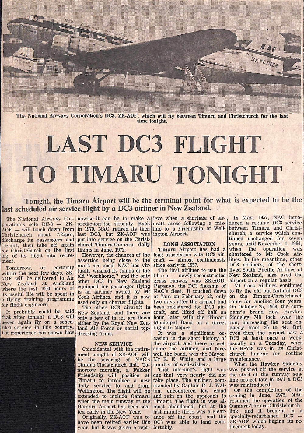 Last DC3 Flight To Timaru Tonight