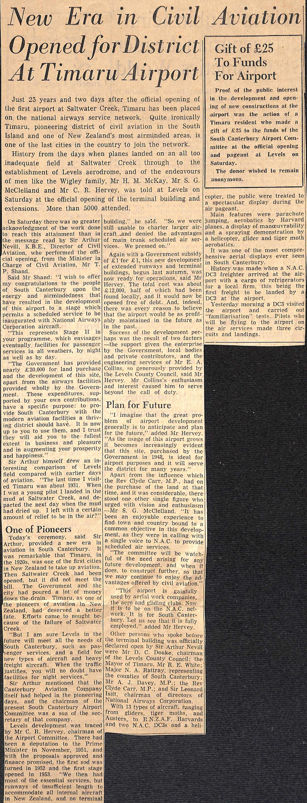 New Era in Civil Aviation Opened for District At Timaru Aiport