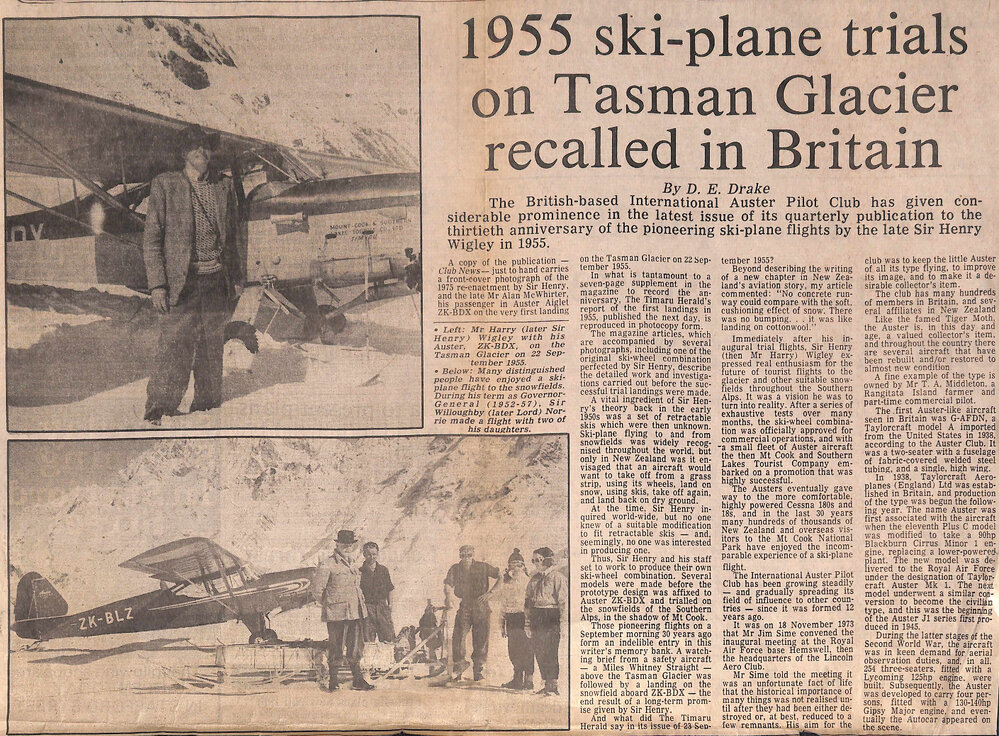 1955 ski-plane trails on Tasman Glacier recalled in Britain