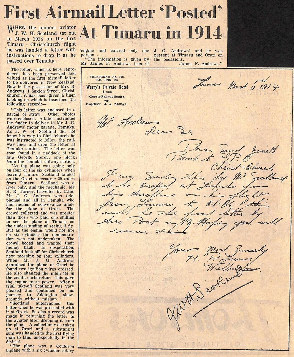 First Airmail Letter 'Posted' At Timaru in 1914