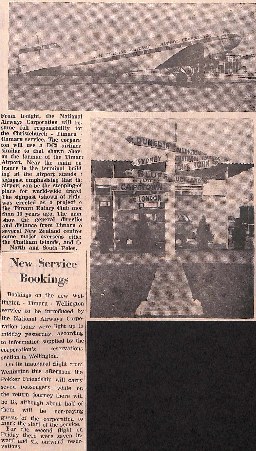 DC3 at Timaru Airport / Airport signpost Rotary Club project / New Service Bookings