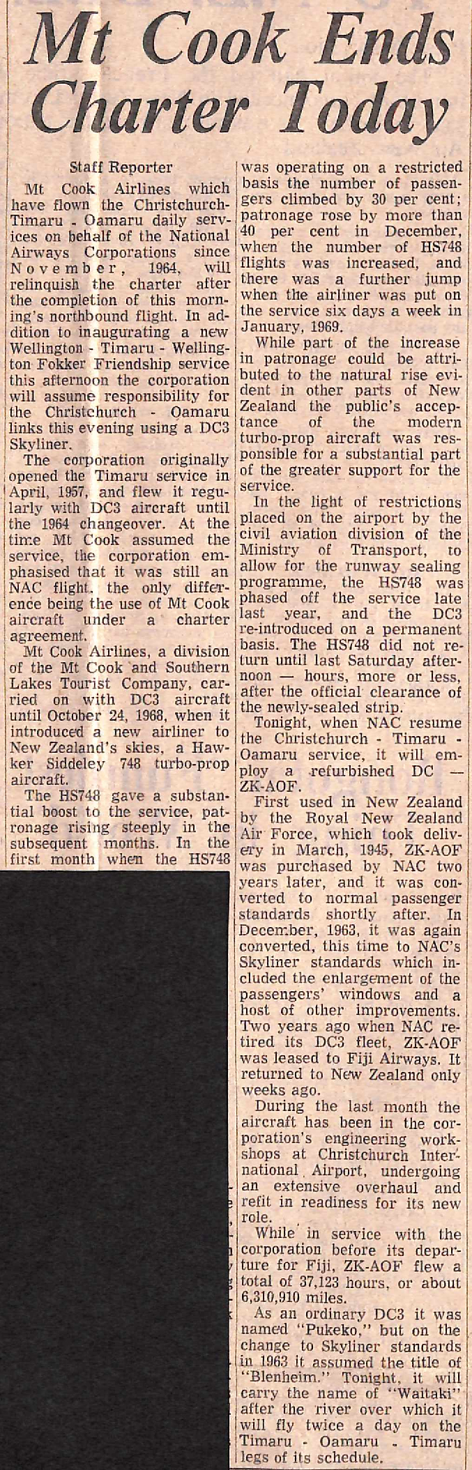 Mt Cook Ends Charter Today