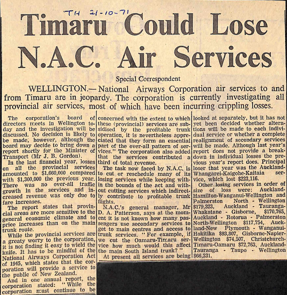 Timaru Could Lose NAC Air Services