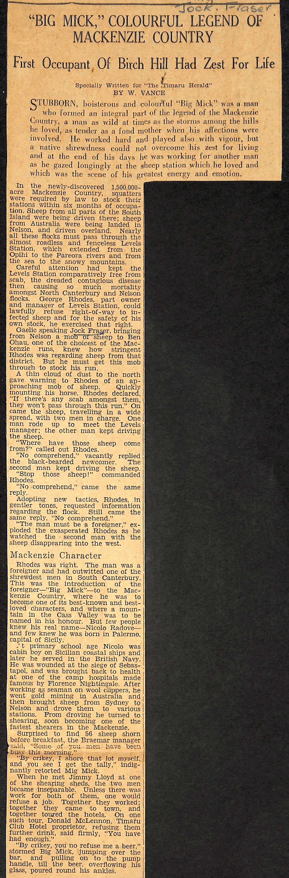 "Big Mick" Colourful Legend of Mackenzie Country: First Occupant of Birch Hill Had Zest For Life