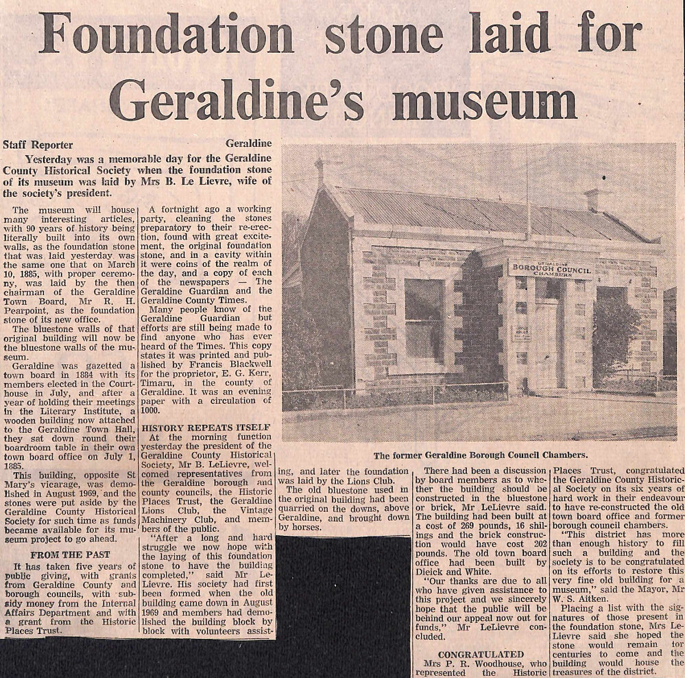 Foundation stone laid for Geraldine's museum