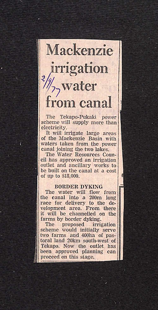 Mackenzie irrigation water from canal