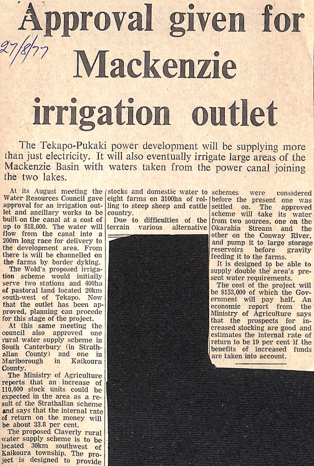 Approval given for Mackenzie irrigation outlet