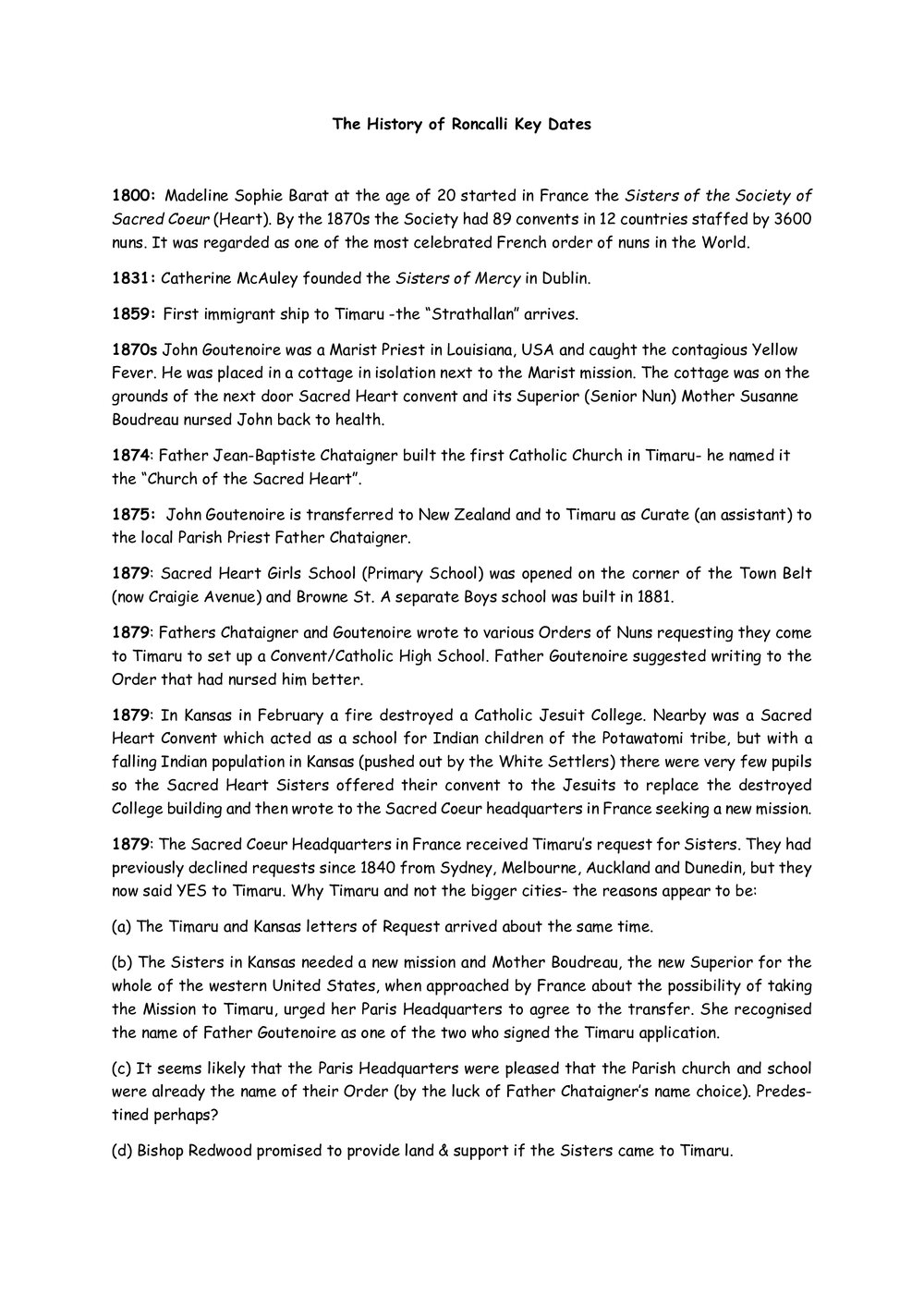 The History of Roncalli: Key Dates