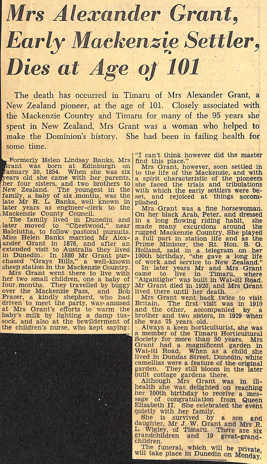 Mrs Alexander Grant, Early Mackenzie Settler, Dies at Age of 101