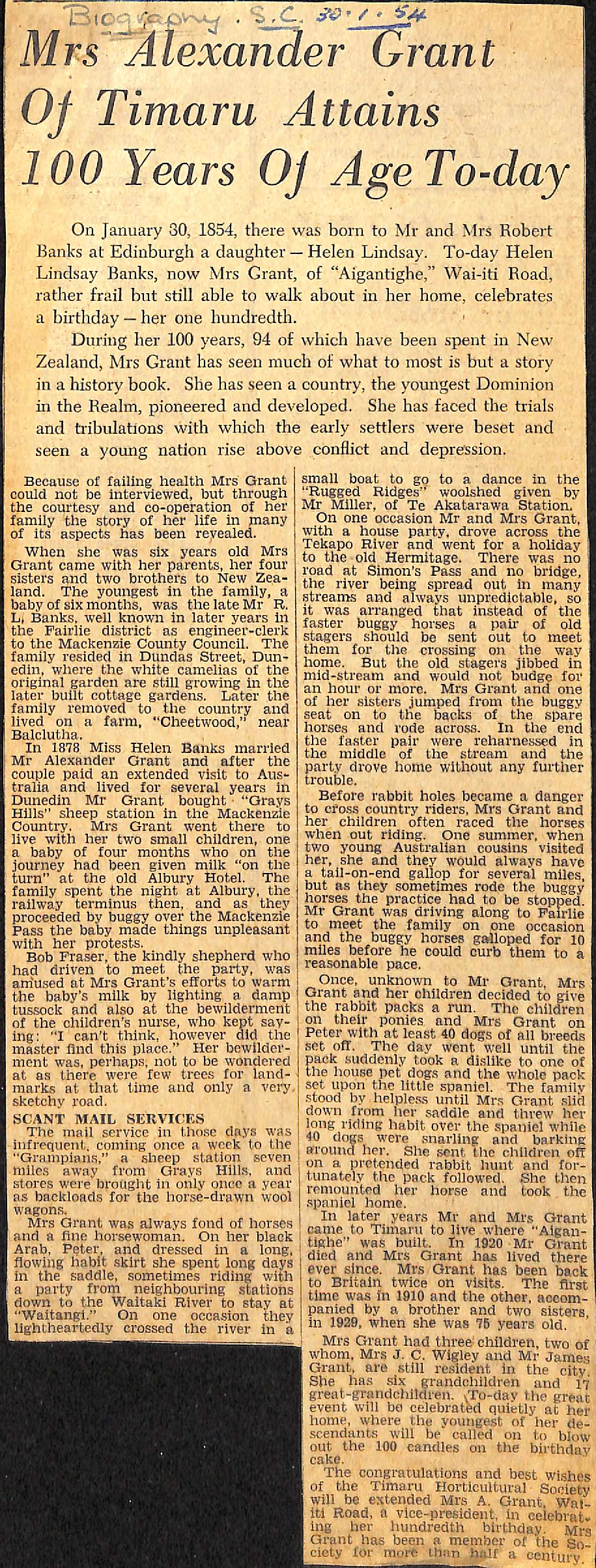 Mrs Alexander Grant Of Timaru Attains 100 Years Of Age To-day