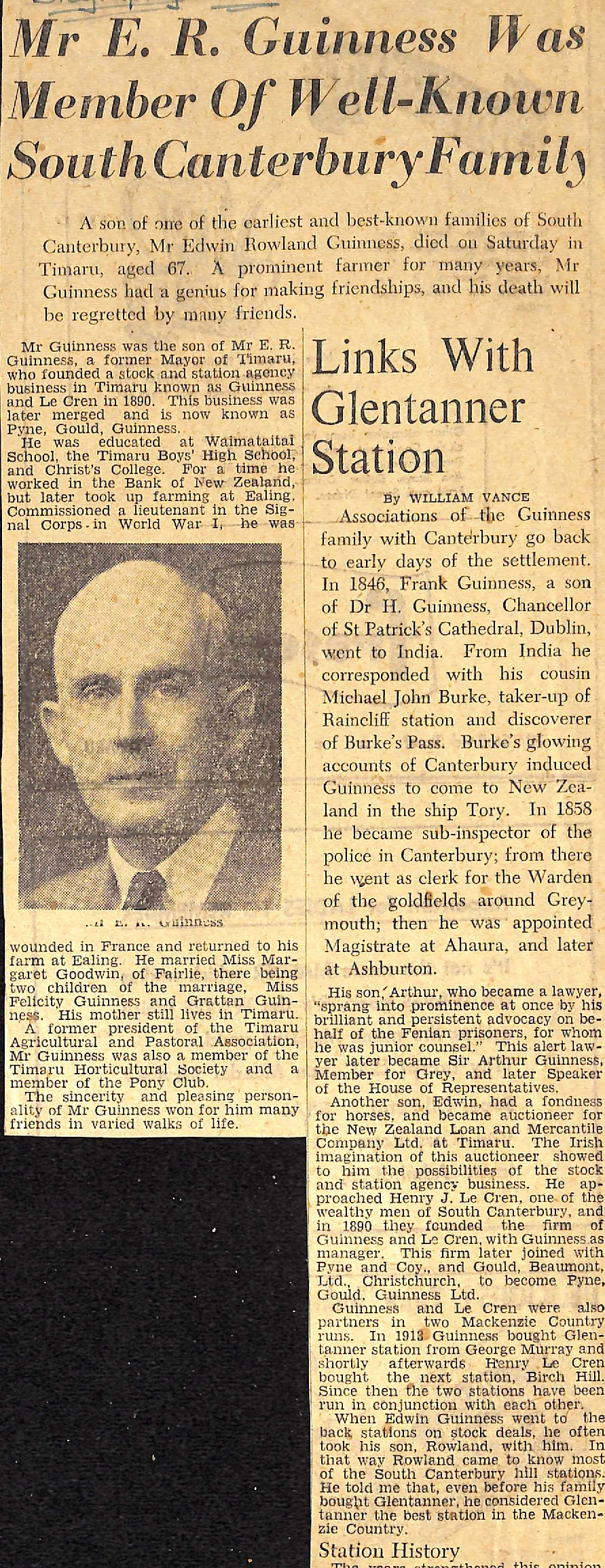 Mr E R Guinness Was Member Of Well-Known South Canterbury Family / Links With Glentanner Station 