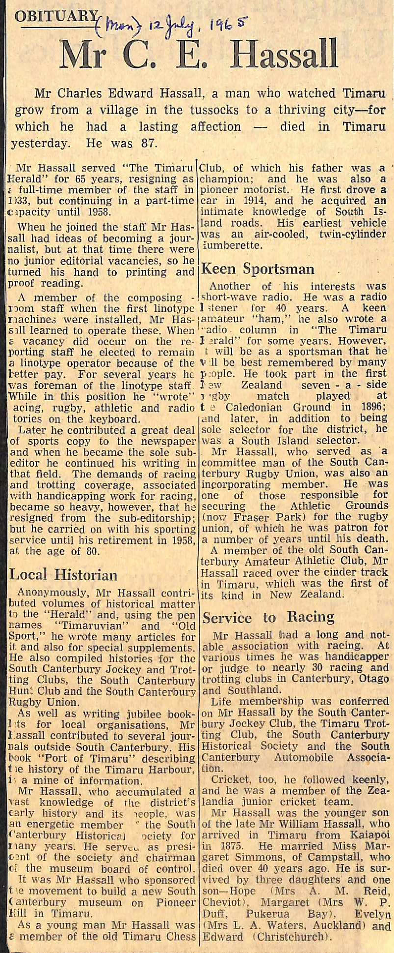 Obituary: Mr C E Hassall