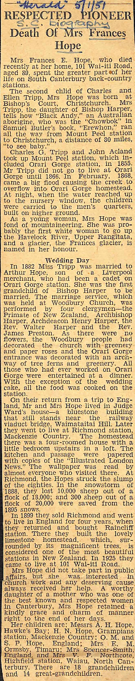 Respected Pioneer: Death of Mrs Frances Hope