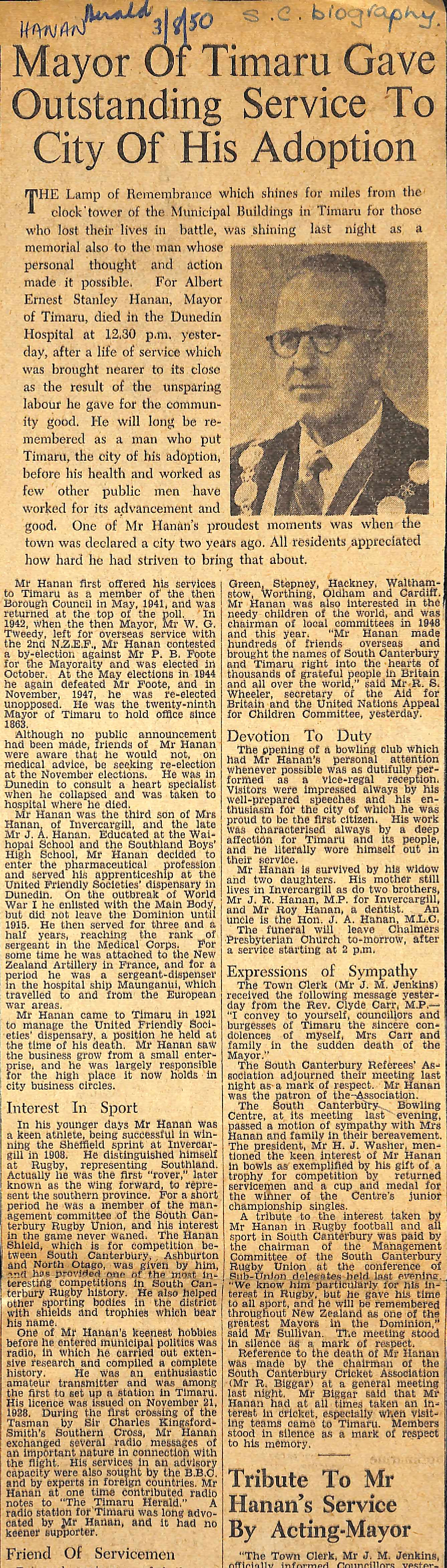 Mayor Of Timaru Gave Outstanding Service To City Of His Adoption / Tribute To Mr Hanan's Service By Acting-Mayor