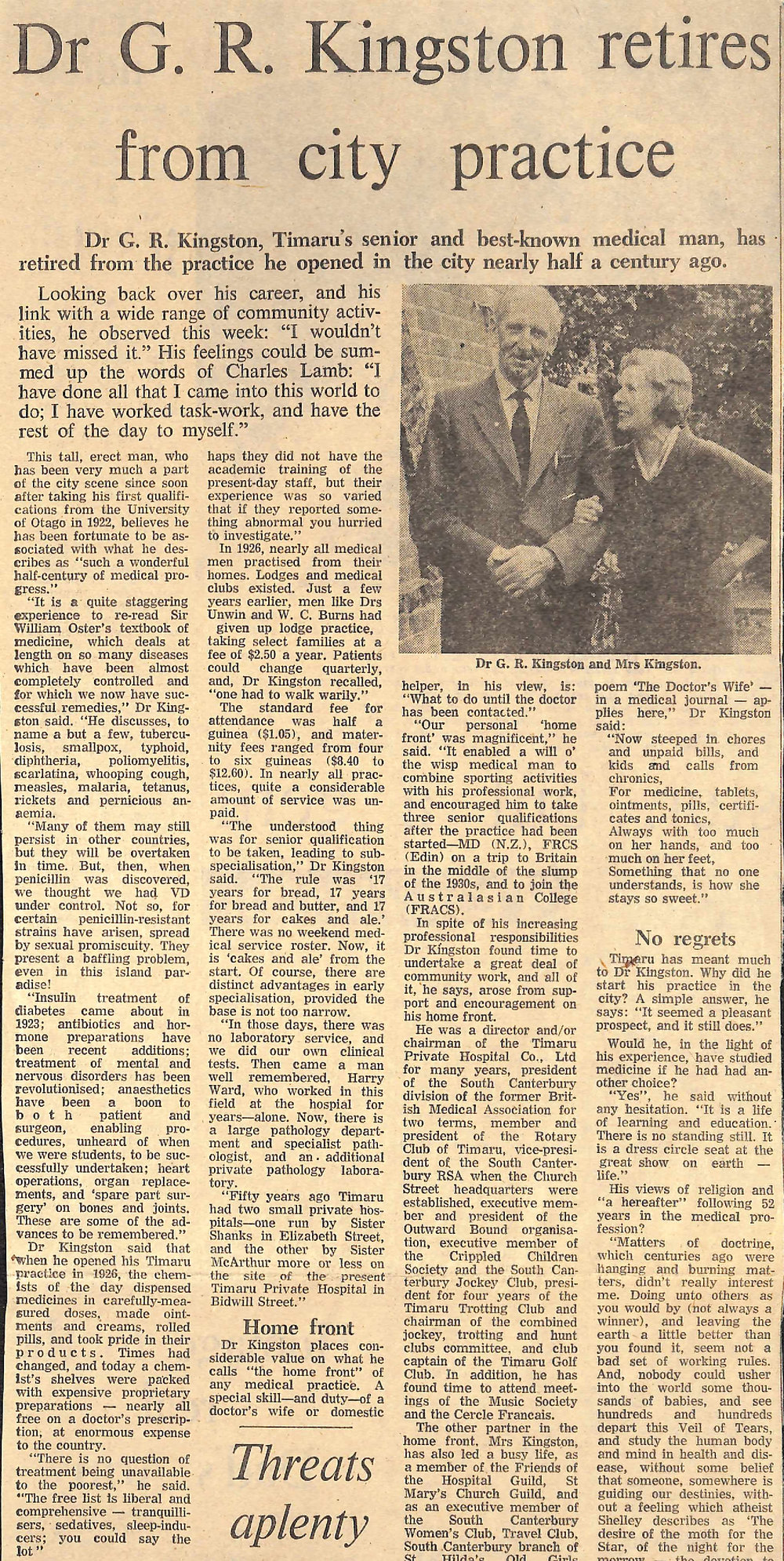 Dr G R Kingston retires from city practice