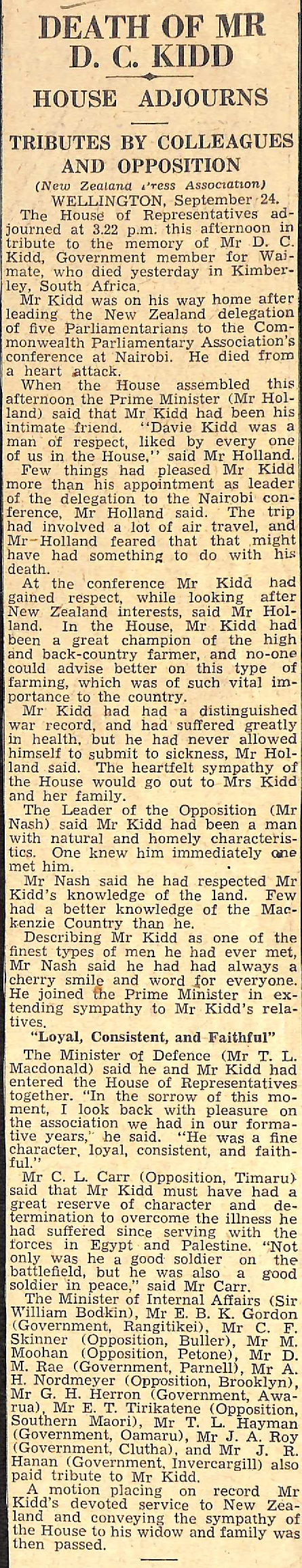 The Death of Mr D C Kidd: House Adjourns, Tributes By Colleagues And Opposition