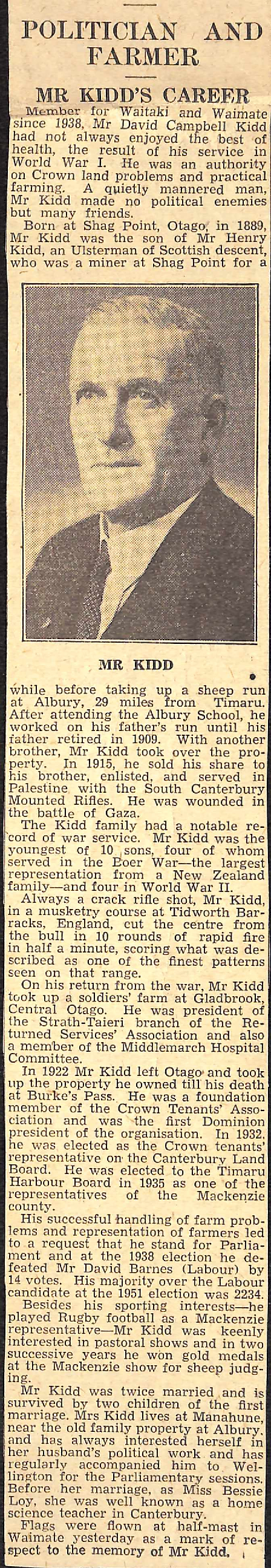 Politician An Farmer: Mr Kidd's Career