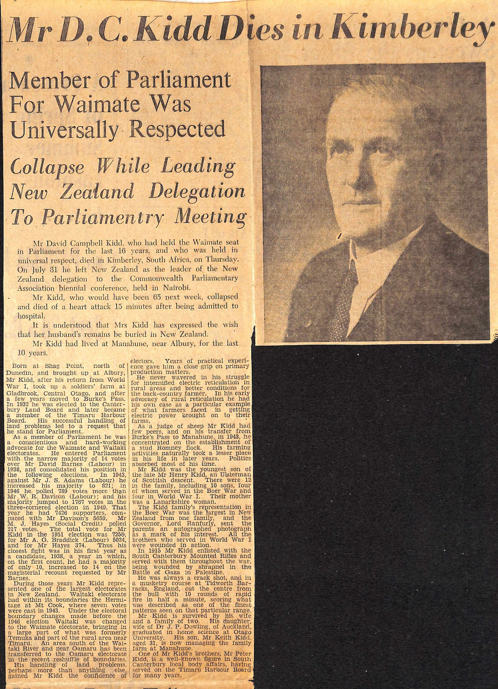 Mr D C Kidd Dies in Kimberley: MP For Waimate Was Universally Respected