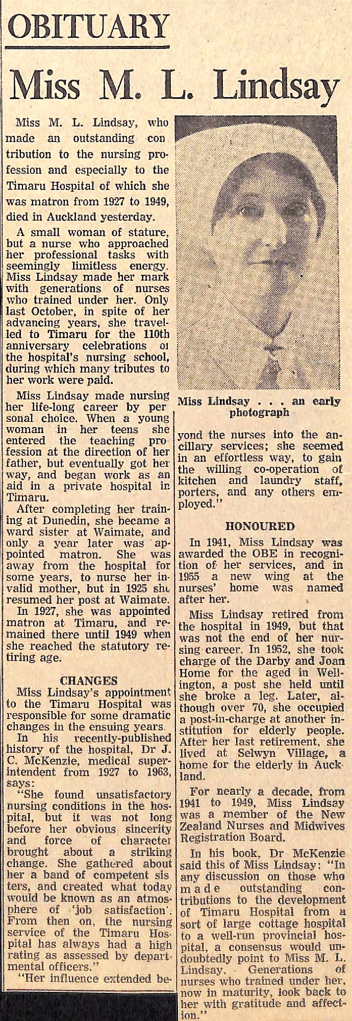 Obituary: Miss M L Lindsay