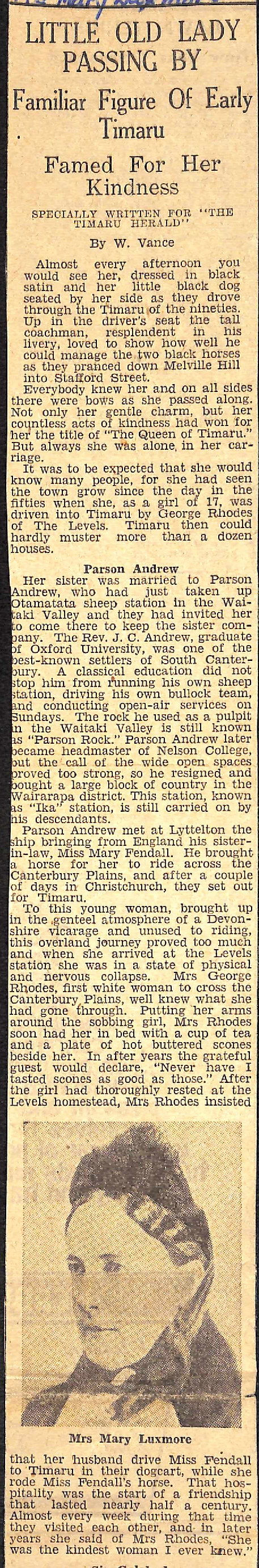 Little Old Lady Passing By: Familiar Figure Of Early Timaru, Famed For Her Kindness