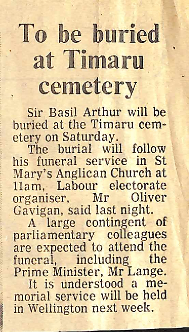 Sir Basil Arthur: To be buried at Timaru cemetery