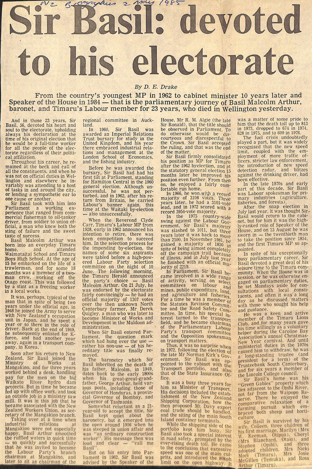 Sir Basil: devoted to his electorate