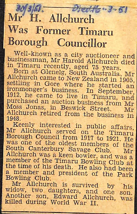 Mr H Allchurch Was Former Timaru Borough Councillor