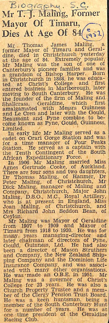 Mr T J Maling, Former Mayor Of Timaru Dies At Age Of 84