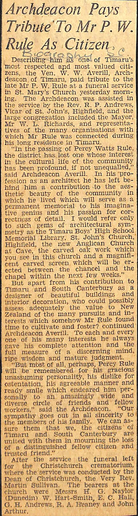 Archdeacon Pays Tribute To Mr P W Rule As Citizen